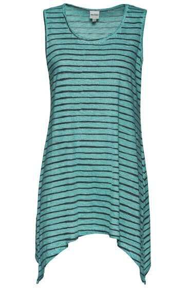 Ärmelloses Damen-Top in Türkis mit schwarzen horizontalen Streifen, Rundhalsausschnitt, asymmetrischer Saum mit zwei Zipfeln