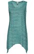 Ärmelloses Damen-Top in Türkis mit schwarzen horizontalen Streifen, Rundhalsausschnitt, asymmetrischer Saum mit zwei Zipfeln