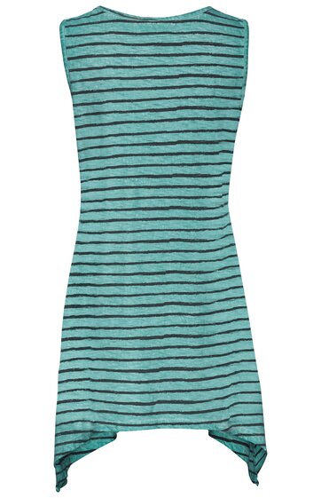 Ärmelloses, tailliertes Kleid in Türkis mit schwarzem Horizontalstreifenmuster, asymmetrischer, spitz zulaufender Saum, rundem Halsausschnitt