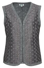 Ärmellose Strickweste in Grautönen mit geometrischem Muster, V-Ausschnitt, offene Front, taillierte Form
