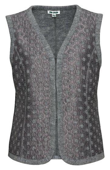 Ärmellose Strickweste in Grautönen mit geometrischem Muster, V-Ausschnitt, offene Front, taillierte Form