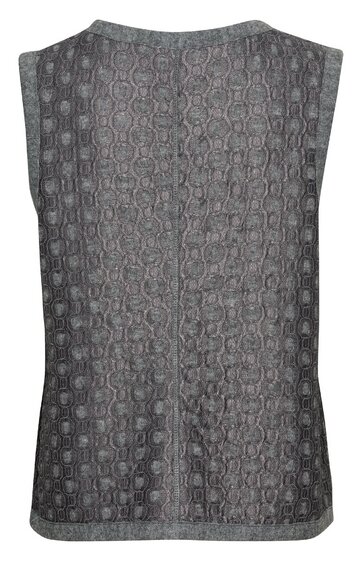 Ärmelloses Oberteil in graubraun mit gewelltem Strukturmuster, Rundhalsausschnitt, gerade geschnitten, Rückansicht