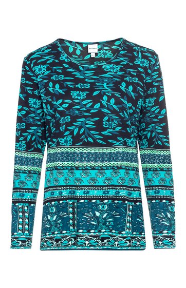 Langärmeliges Damenoberteil in dunkelblau und türkis mit floralem und grafischem Muster, Rundhalsausschnitt, gerade geschnitten