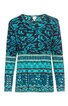 Langärmeliges Damenoberteil in dunkelblau und türkis mit floralem und grafischem Muster, Rundhalsausschnitt, gerade geschnitten