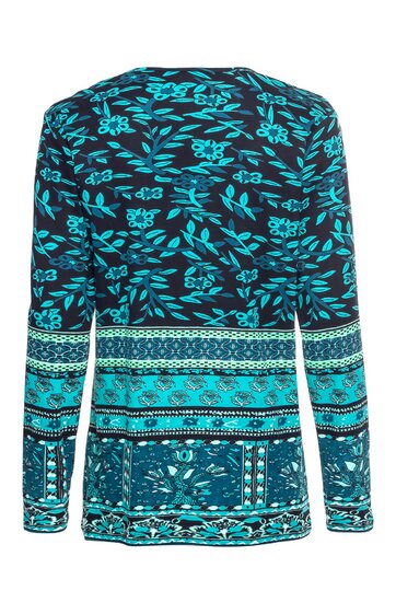 Dunkelblauer Pullover mit türkisfarbenem Blumenmuster, längsgestreifte und florale Bordürenmuster im unteren Bereich und Ärmel, lange Ärmel, gerader Schnitt, Rückansicht