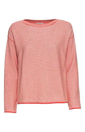 Langärmliges Pulloveroberteil in Korallenrot mit feinen weißen horizontalen Streifen, Rundhalsausschnitt, gerade geschnitten, keine sichtbaren Verschlüsse oder Muster, Vorderansicht
