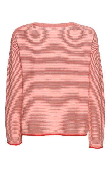 Rosa Pullover mit weißen horizontalen Streifen, langärmlig, Rundhalsausschnitt, gerade geschnitten, ohne sichtbare Knöpfe oder Taschen, Rückansicht