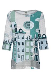 Langarmshirt in Weiß, Hellgrün und Türkis mit Häuser- und Kreis-Muster, Rundhalsausschnitt, lockere Passform, asymmetrischer Saum