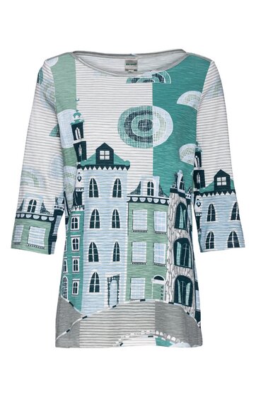 Langarmshirt in Weiß, Hellgrün und Türkis mit Häuser- und Kreis-Muster, Rundhalsausschnitt, lockere Passform, asymmetrischer Saum