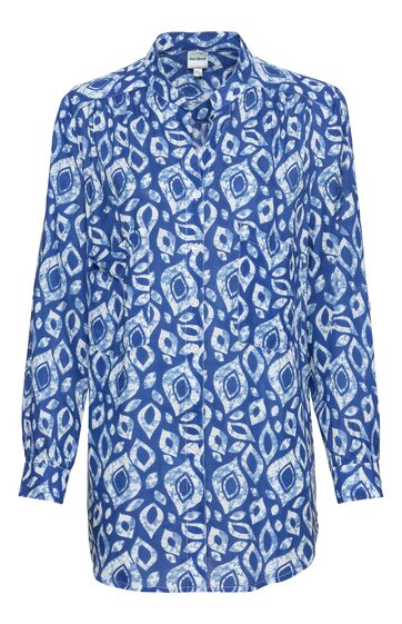 Langärmliges Hemd, königsblau mit weiß-blauem abstraktem Muster, Hemdkragen, durchgehende Knopfleiste, locker fallende Passform
