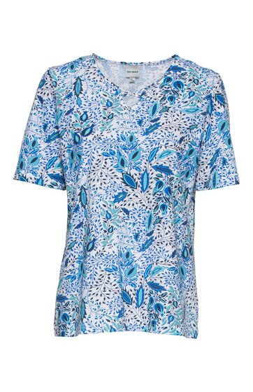 Damen-T-Shirt, hellblau mit blauem und weißem Blumenmuster, V-Ausschnitt, kurze Ärmel, gerade geschnitten