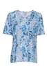 Damen-T-Shirt, hellblau mit blauem und weißem Blumenmuster, V-Ausschnitt, kurze Ärmel, gerade geschnitten