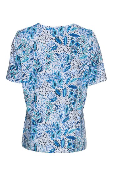 Kurzärmlige Bluse, weiß mit blauem und türkisfarbenem floralem Muster, Rundhalsausschnitt, lockere Passform