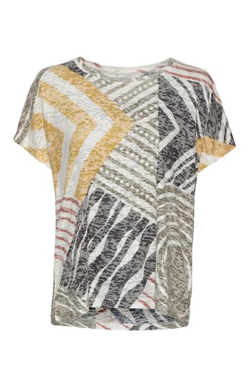 Kurzärmeliges T-Shirt in Weiß mit abstrakten Streifenmustern in Senfgelb, Grau, Schwarz und Rot, rundem Halsausschnitt, lockere Passform
