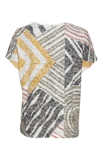 Kurzärmeliges Damenoberteil mit weitem Rundhalsausschnitt, Mehrfarbiges gemustertes Design mit geometrischen Formen und Streifen, lockere Passform