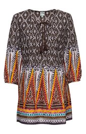 Tunika in Braun mit geometrischem Muster in Weiß, Orange, Gelb und Blau, V-Ausschnitt mit Quasten, 3/4-Ärmel, locker geschnitten