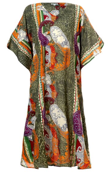 Locker geschnittenes Kleid in olivgrün mit buntem Paisley-Muster in Orange, Lila, Weiß und Rot, V-Ausschnitt, kurze weite Ärmel, knielang