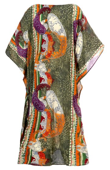 Weites Kaftan-Kleid in Olivgrün mit buntem Paisley-Muster in Orange, Violett, Weiß, vertikale Streifen, halblange breite Ärmel, knielang