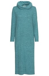 Türkisfarbenes langärmeliges Strickkleid, melierte Optik, weiter Rollkragen, knieumspielende Länge, gerade Form