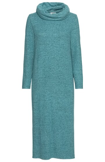 Türkisfarbenes langärmeliges Strickkleid, melierte Optik, weiter Rollkragen, knieumspielende Länge, gerade Form