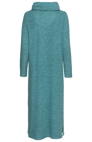 Langärmliges Midi-Strickkleid in gedämpftem Türkis, hoher Rollkragen, gerade geschnitten, kleiner Schlitz am Saum, unifarben, ohne Muster