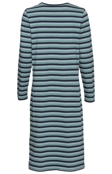 Langärmliges Kleid in hellblau mit schwarzen horizontalen Streifen, rundem Ausschnitt, knielang, gerade geschnitten
