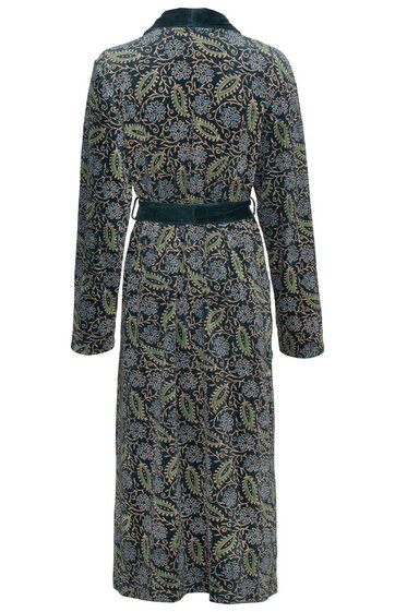 Kleid mittellang mit Paisley-Muster in Blau, Grün und Gelb, langer Ärmel, Stehkragen, auf Taillenhöhe breiter Gürtel in Dunkelblau, Rückansicht