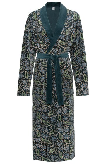 Langer Bademantel in dunklem Petrol mit floralem Paisley-Muster in Hellgrün, Hellblau und Gelb, mit breitem Reverskragen, langen Ärmeln, Bindegürtel in gleicher Farbe, gerade geschnitten