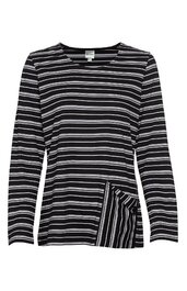 Langärmeliges Damenoberteil in Schwarz mit weißen horizontalen Streifen, asymmetrisches Design mit diagonalen Streifen an der unteren Vorderseite, Rundhalsausschnitt, gerade geschnitten