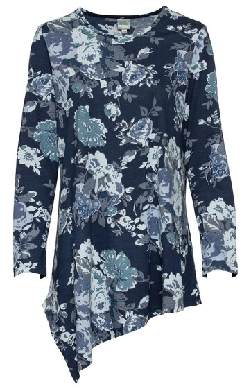 Langarmshirt dunkelblau mit hellblauem und grauem Blumenmuster, asymmetrischer Saum, Rundhalsausschnitt, gerade Form