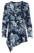 Langarmshirt dunkelblau mit hellblauem und grauem Blumenmuster, asymmetrischer Saum, Rundhalsausschnitt, gerade Form