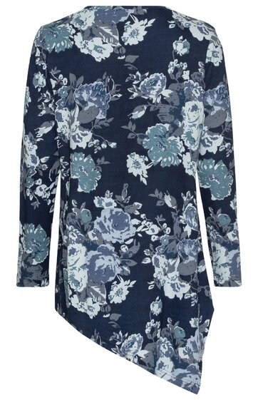 Dunkelblaues, langärmliges Damenoberteil mit asymmetrischem Saum, floralem Muster in Weiß und Hellblau, Rundhalsausschnitt, gerade geschnitten