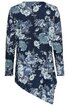 Dunkelblaues, langärmliges Damenoberteil mit asymmetrischem Saum, floralem Muster in Weiß und Hellblau, Rundhalsausschnitt, gerade geschnitten