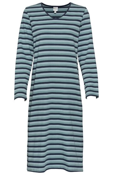 Kleid in Blau- und Grautönen, horizontale Streifen, V-Ausschnitt, lange Ärmel, knielang, gerade geschnitten