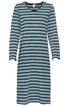Kleid in Blau- und Grautönen, horizontale Streifen, V-Ausschnitt, lange Ärmel, knielang, gerade geschnitten