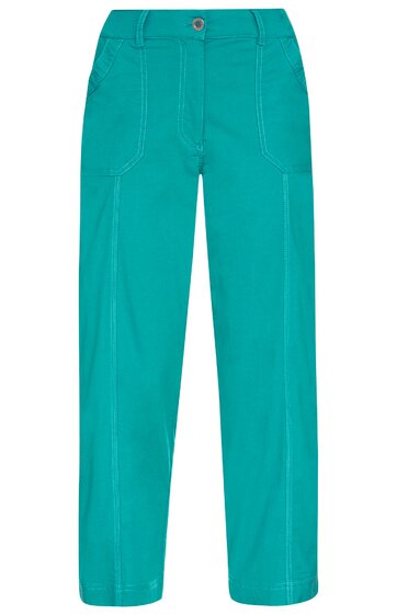 Hose türkis einfarbig, gerade geschnitten, Bund mit Gürtelschlaufen und Knopfverschluss, aufgesetzte Taschen vorne, klassische Gesäßtaschen, mittellange Beinform