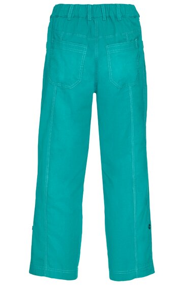 Kinderhose türkis, gerade geschnitten, mit Gummibund, zwei aufgesetzte Gesäßtaschen, ohne Muster, ausgerollte Beinenden