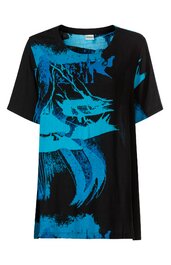 Schwarzes T-Shirt mit blauem abstraktem Muster, Rundhalsausschnitt, kurze Ärmel, gerade geschnitten
