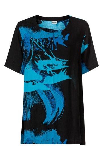 Schwarzes T-Shirt mit blauem abstraktem Muster, Rundhalsausschnitt, kurze Ärmel, gerade geschnitten