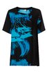 Schwarzes T-Shirt mit blauem abstraktem Muster, Rundhalsausschnitt, kurze Ärmel, gerade geschnitten