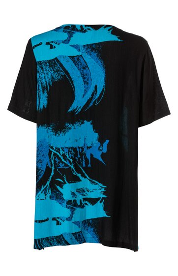 Schwarzes Kurzarm-T-Shirt mit großflächigem, abstraktem blauen Muster, runder Ausschnitt, lockere Passform