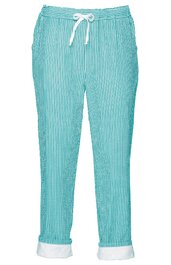 Hose in mintgrün mit weißen feinen Streifen, gerader Schnitt, zwei seitliche Eingrifftaschen, Bund mit Kordel zum Binden, umgeschlagene Beinenden mit weißem Futter