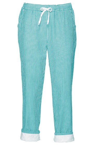 Hose in mintgrün mit weißen feinen Streifen, gerader Schnitt, zwei seitliche Eingrifftaschen, Bund mit Kordel zum Binden, umgeschlagene Beinenden mit weißem Futter