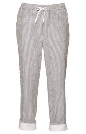 Hose für Damen in Hellgrau und Weiß gestreift, gerader Schnitt, mit Bündchen am Saum, elastischem Bund mit weißem Kordelzug, zwei seitliche Taschen, knöchellang