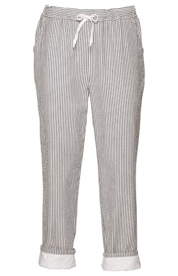 Hose für Damen in Hellgrau und Weiß gestreift, gerader Schnitt, mit Bündchen am Saum, elastischem Bund mit weißem Kordelzug, zwei seitliche Taschen, knöchellang
