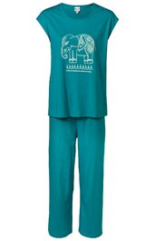 Türkiser Schlafanzug aus T-Shirt und langer Hose, T-Shirt mit rundem Ausschnitt, kurzer Kapuze, Druck weißer Elefant mit Ornamenten auf der Brust