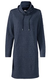 Dunkelblaues, knielanges Kleid mit langem Ärmel, Stehkragen mit Kordelzug, unifarben mit dezent strukturierter Oberfläche, gerade geschnitten