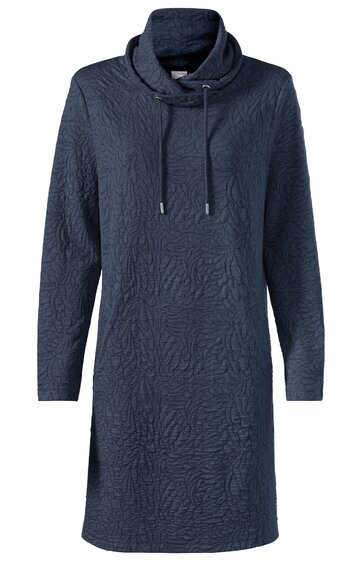 Dunkelblaues, knielanges Kleid mit langem Ärmel, Stehkragen mit Kordelzug, unifarben mit dezent strukturierter Oberfläche, gerade geschnitten