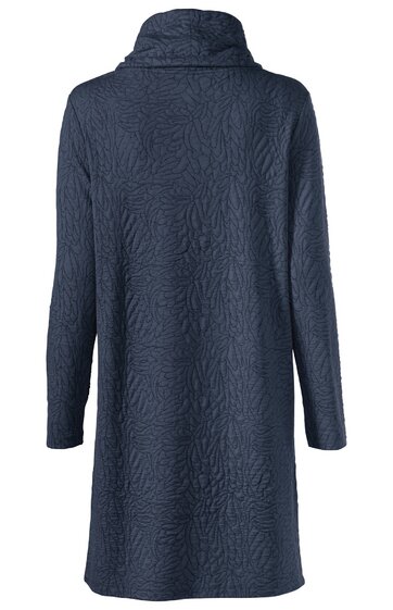 Dunkelblauer Mantel mit langem Schnitt, Stehkragen, durchgehendem Blättermuster, lange Ärmel, gerade geschnitten