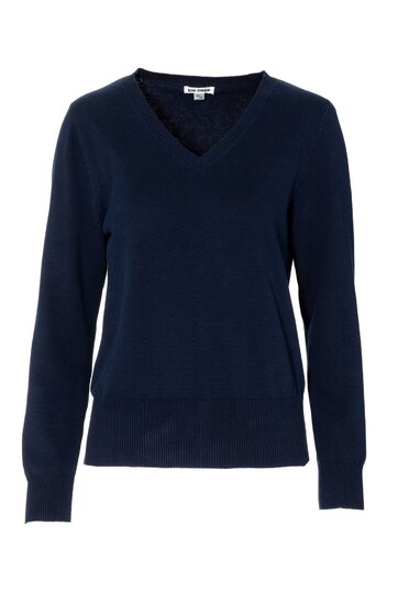 Pullover in Dunkelblau, einfarbig, V-Ausschnitt, lange Ärmel, gerader Schnitt, elastische Bündchen an Ärmeln und Saum